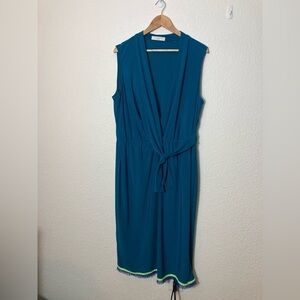 Tahari 1X teal faux wrap maxi dress sleeveless tie bow knot